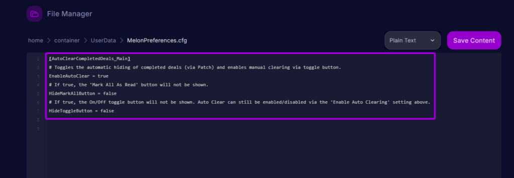 Configuring Auto Clear Completed Deals preferences inside MelonPreferences.cfg in the server file editor