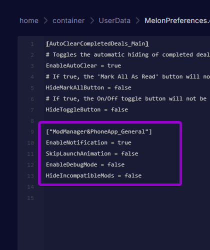 Configuring Mod Manager general parameters inside MelonPreferences.cfg in the server file editor