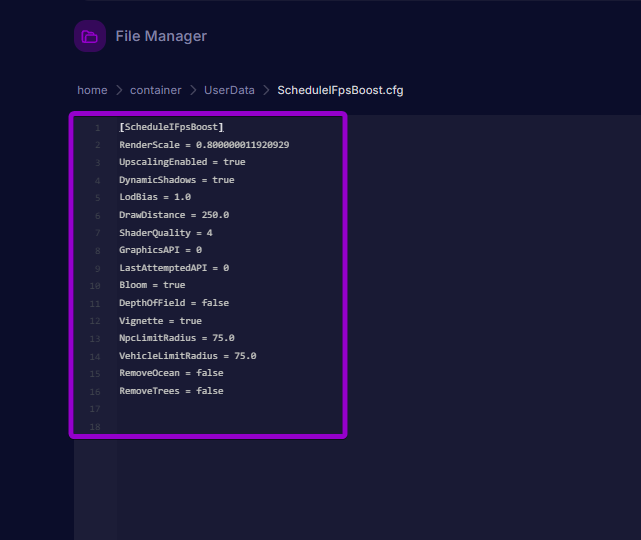 Configuring graphics, upscaling, and culling parameters inside ScheduleIFpsBoost.cfg in the server file editor