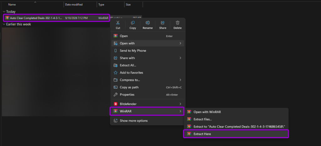 Extracting the downloaded Auto Clear Completed Deals zip archive using WinRAR in Windows File Explorer