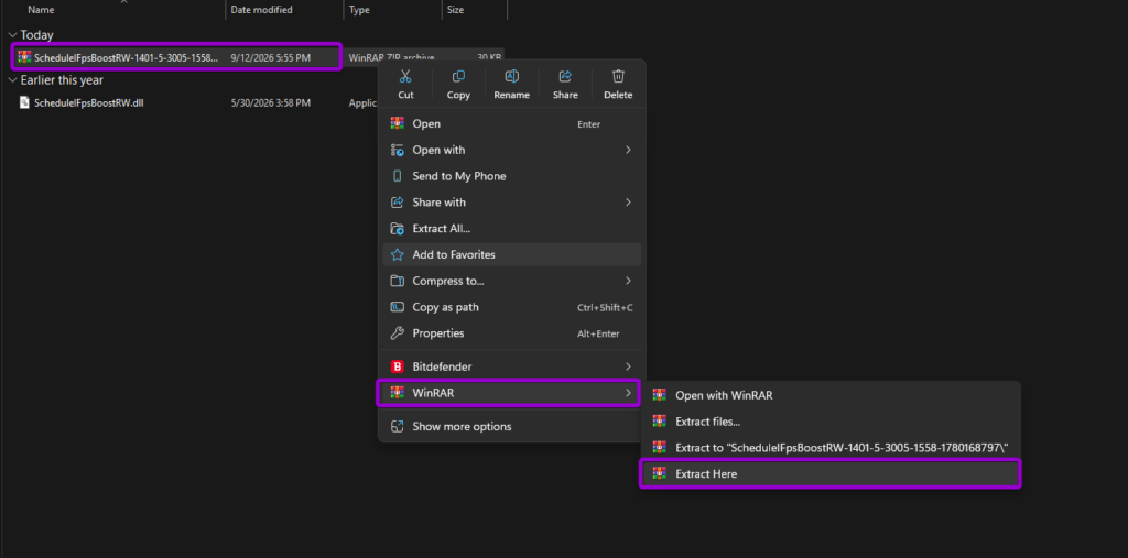 Extracting the downloaded ScheduleIFpsBoostRW zip archive using WinRAR in Windows File Explorer