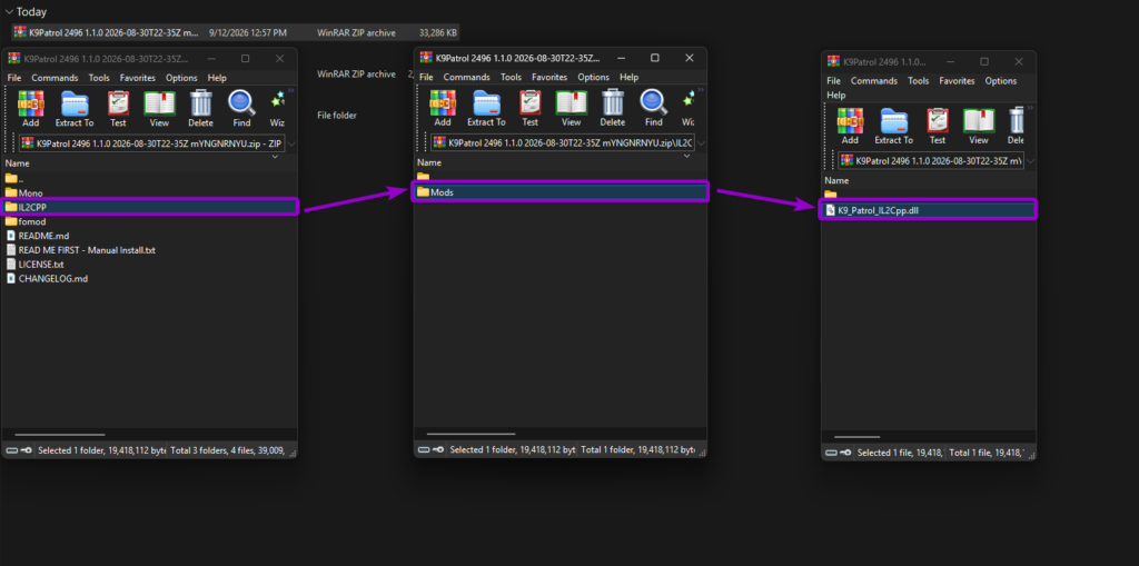 Navigating through the IL2CPP and Mods folders in WinRAR to locate and extract K9_Patrol_IL2Cpp.dll