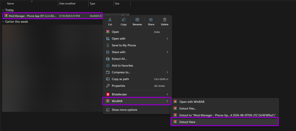 Extracting the downloaded Mod Manager & Phone App zip archive using WinRAR in Windows File Explorer