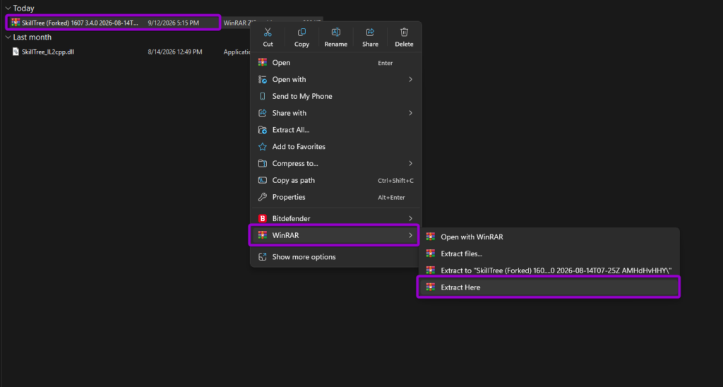 Extracting the downloaded SkillTree Forked zip archive using WinRAR in Windows File Explorer
