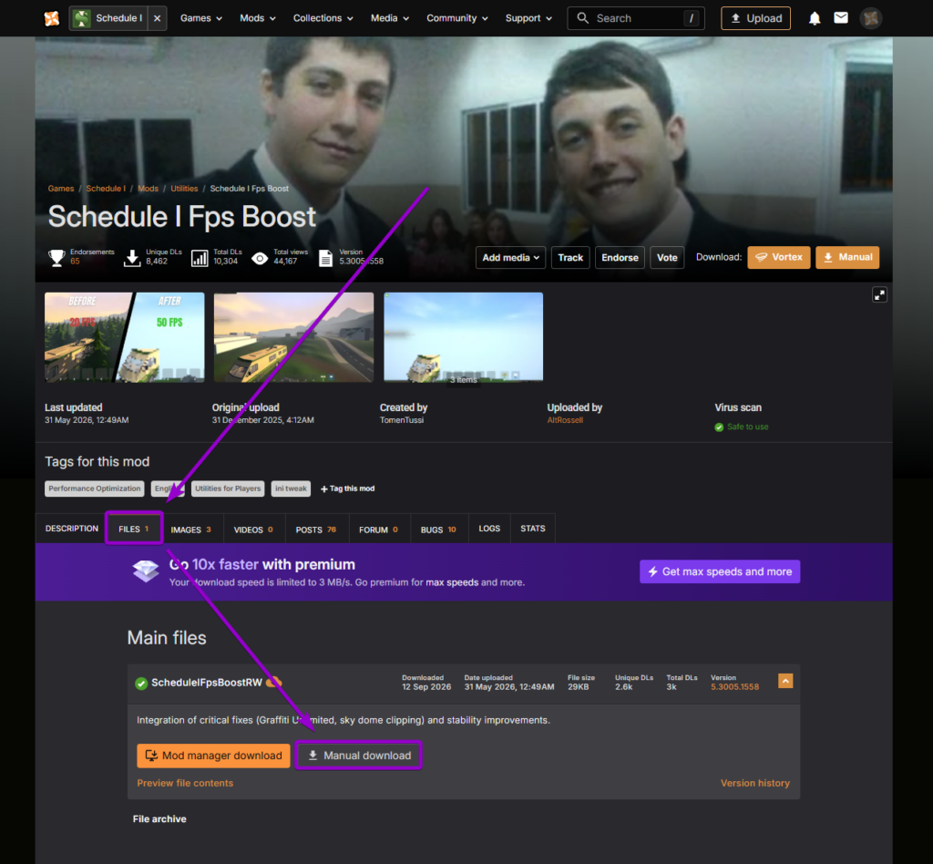 Downloading the Schedule I FPS Boost mod via manual download from the Files tab on Nexus Mods