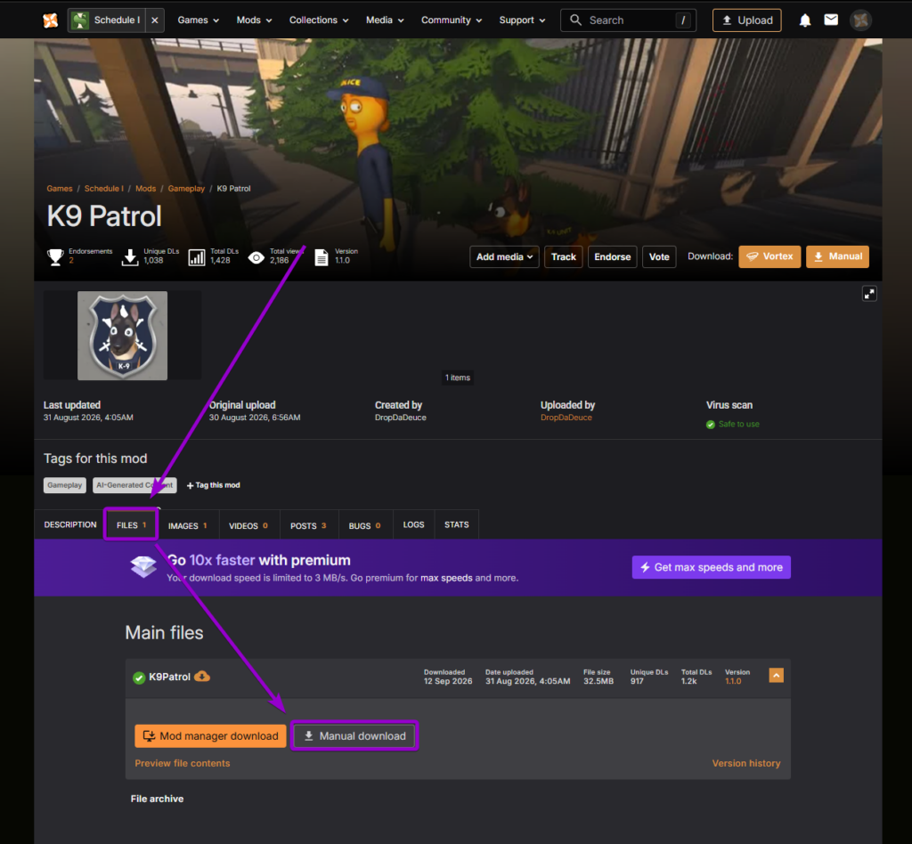 Downloading the K9 Patrol mod via manual download from the Files tab on Nexus Mods