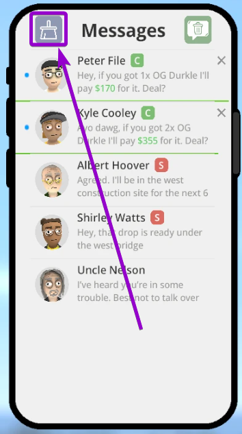 Highlighting the Mark All as Read broom button in the top left header of the in-game smartphone Messages app