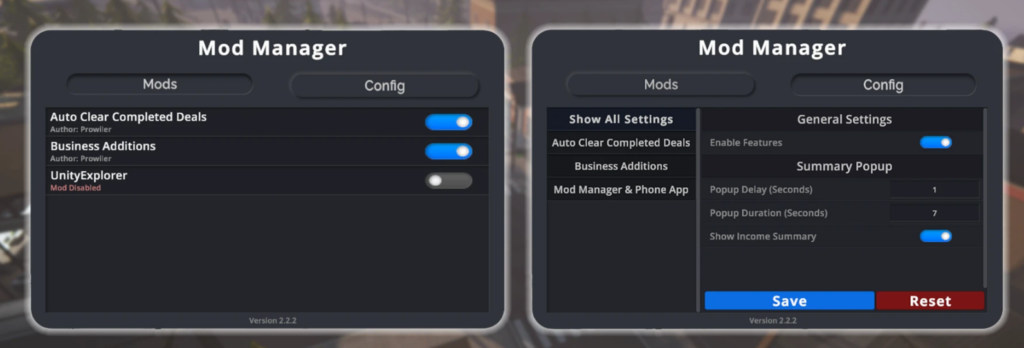 Mod Manager interface displaying active installed mods list and real-time configuration tabs