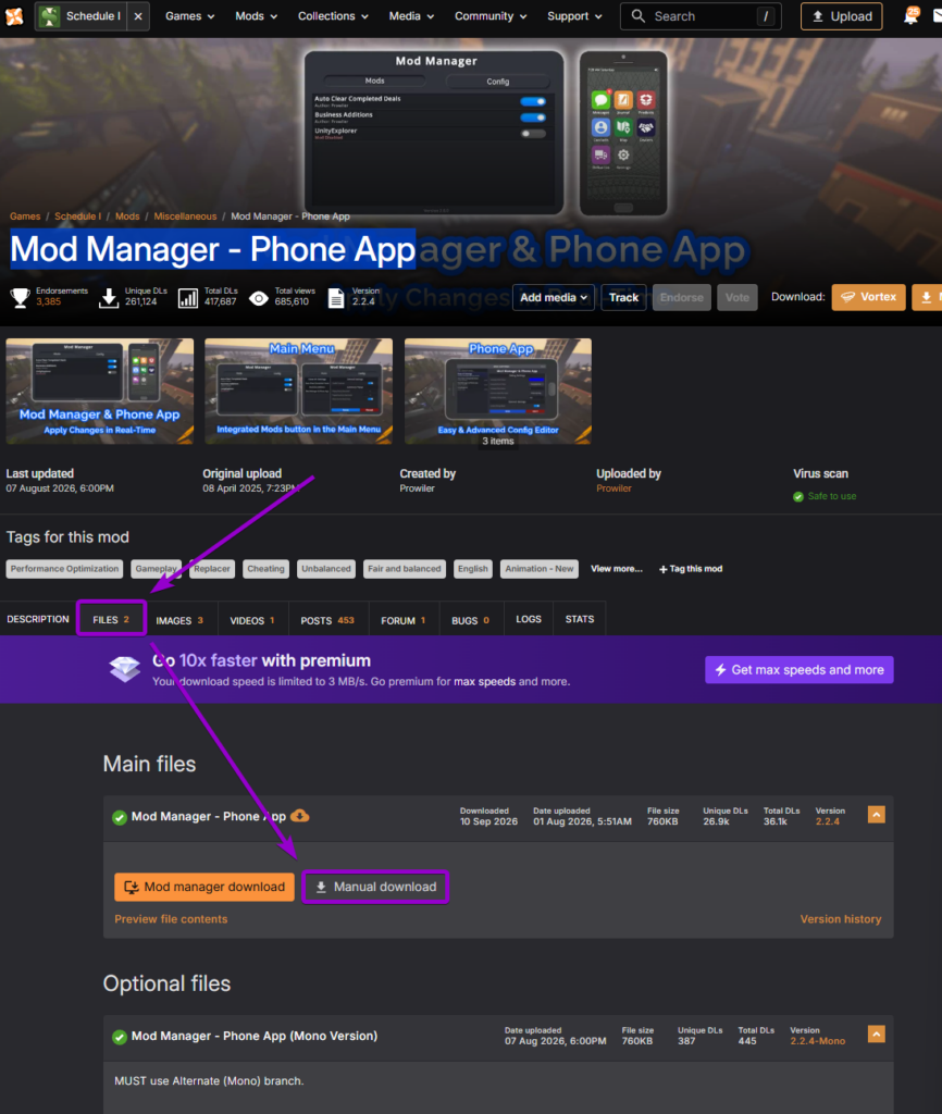 Downloading the Mod Manager & Phone App mod via manual download from the Files tab on Nexus Mods