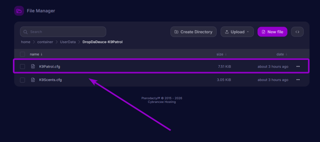 Selecting K9Patrol.cfg inside the DropDaDeuce-K9Patrol directory in the server file manager