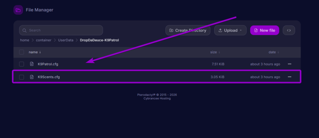 Selecting K9Scents.cfg inside the DropDaDeuce-K9Patrol directory in the server file manager