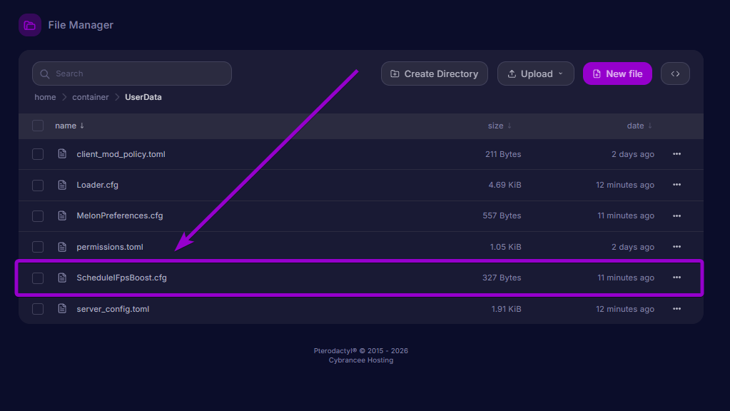 Selecting the ScheduleIFpsBoost.cfg configuration file inside the UserData directory in the server file manager