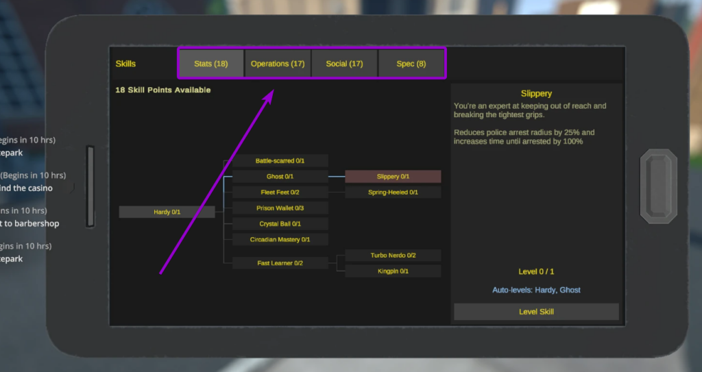 Highlighting the Stats, Operations, Social, and Spec category tabs in the in-game SkillTree interface