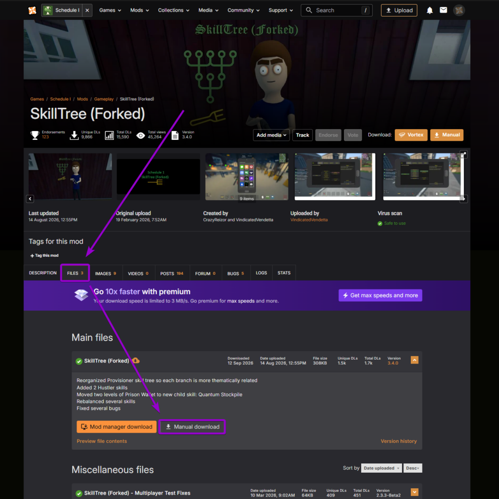 Downloading the SkillTree Forked mod via manual download under the Files tab on Nexus Mods