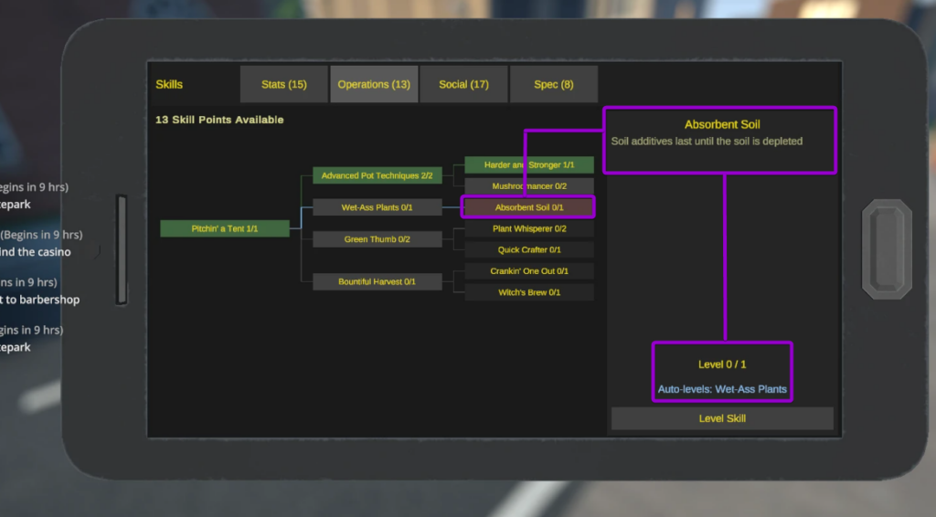 Selecting the Level Skill button to unlock and upgrade the Slippery perk node in the SkillTree interface