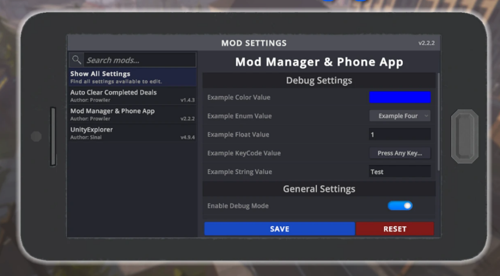 In-game smartphone displaying the Mod Manager real-time configuration editor with editable values and Save button