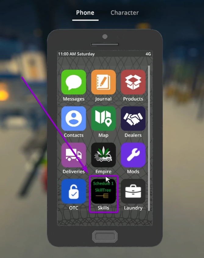 Selecting the black Skills app icon on the in-game smartphone home screen