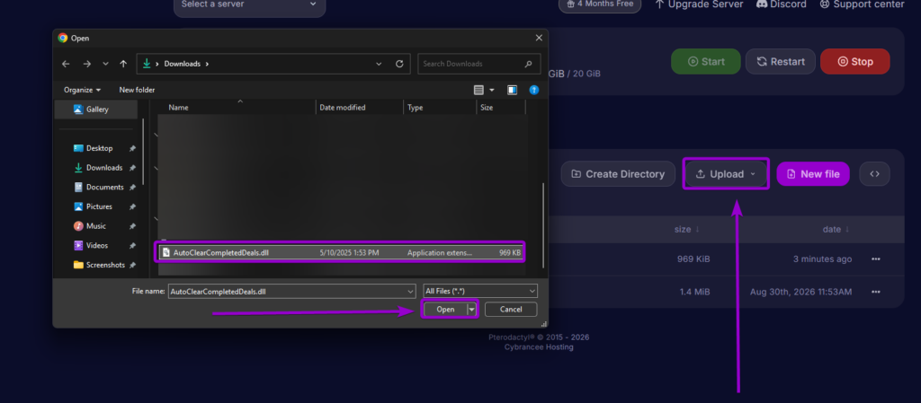 Uploading AutoClearCompletedDeals.dll into the server Mods directory using the file manager upload window