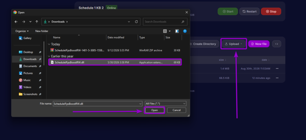 Uploading ScheduleIFpsBoostRW.dll into the server Mods directory using the control panel file manager
