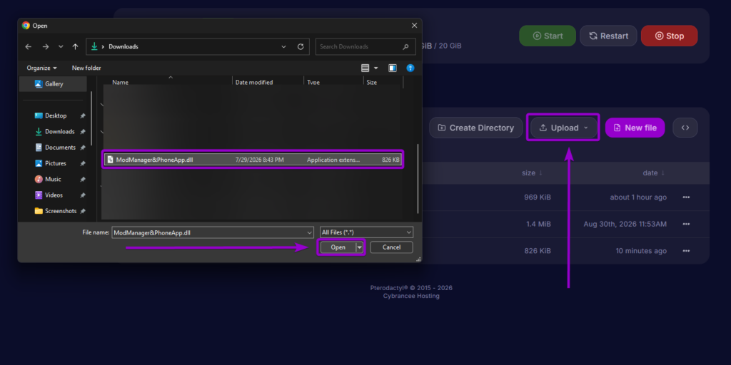Uploading ModManager&PhoneApp.dll to the server Mods directory using the control panel file manager