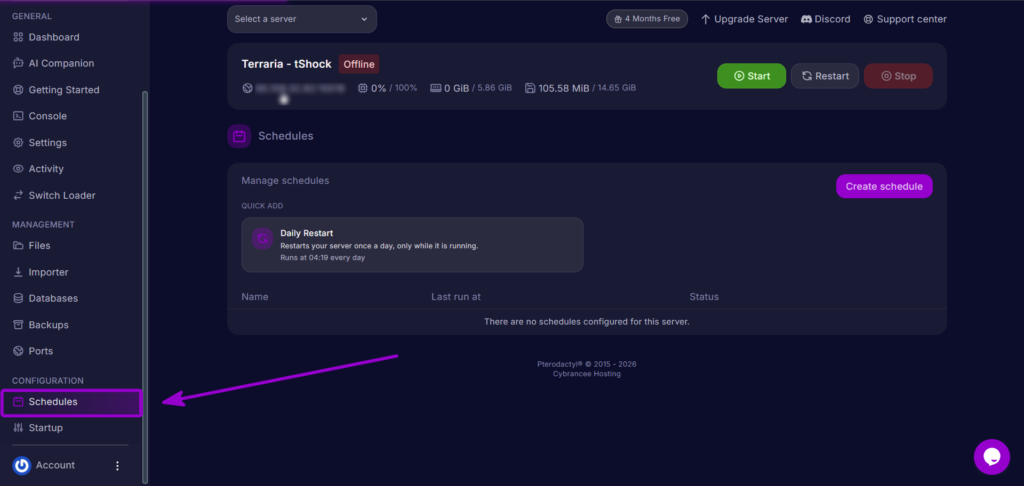 Selecting the Schedules tab from the Cybrancee control panel sidebar.