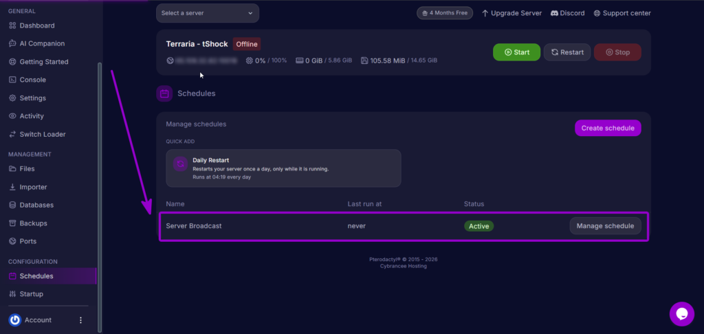 Selecting the newly created Server Broadcast schedule card.