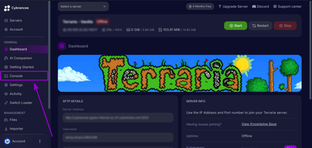 Cybrancee Panel Terraria Navigation Menu Console Tab Outlined With Arrow