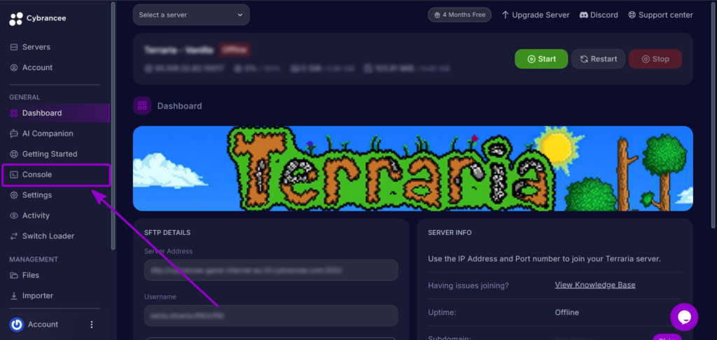 Cybrancee Panel Terraria Navigation Console Tab Outlined With Arrow
