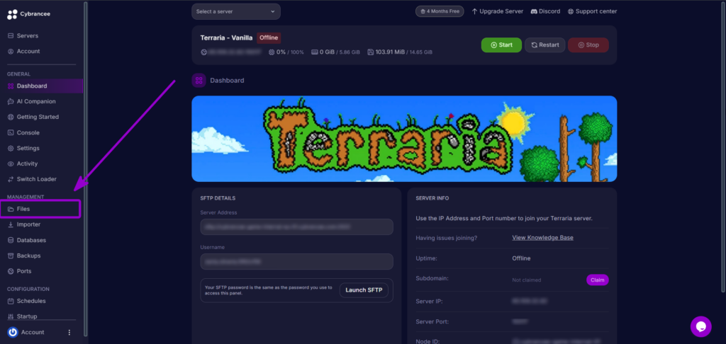 Cybrancee Panel Terraria Navigation Menu Files Tab Outlined With Arrow