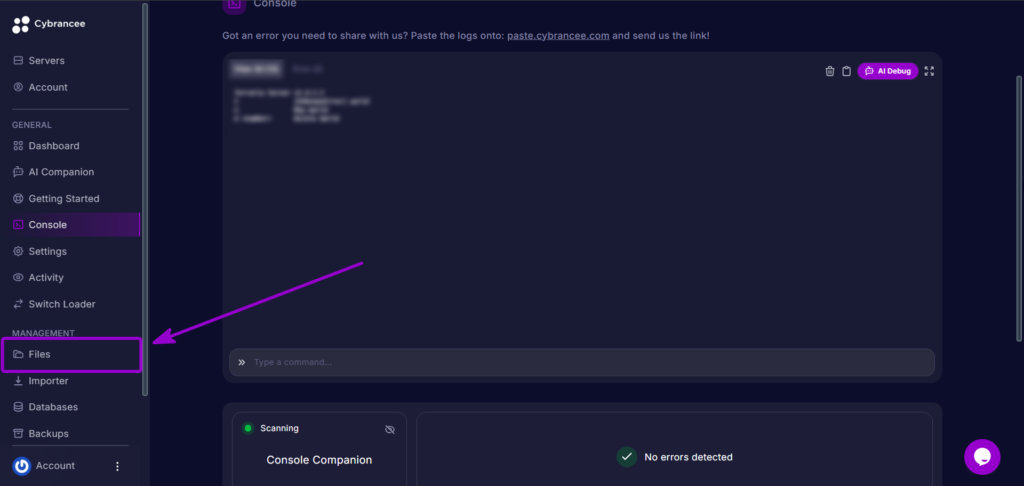 Cybrancee Panel Terraria Navigation Menu Files Tab Outlined With Arrow