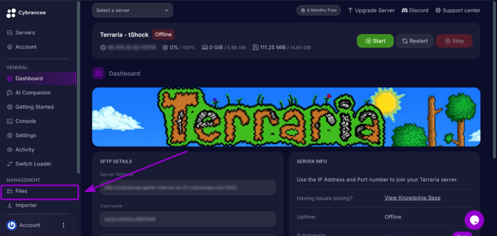 Cybrancee Panel Terraria Navigation Files Tab Outlined With Arrow