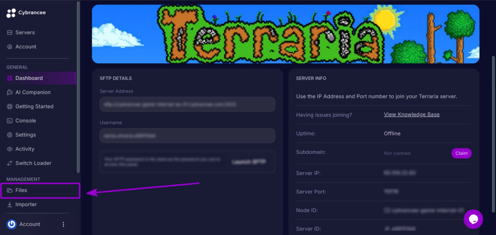 Cybrancee Panel Terraria Navigation Files Tab Outlined With Arrow