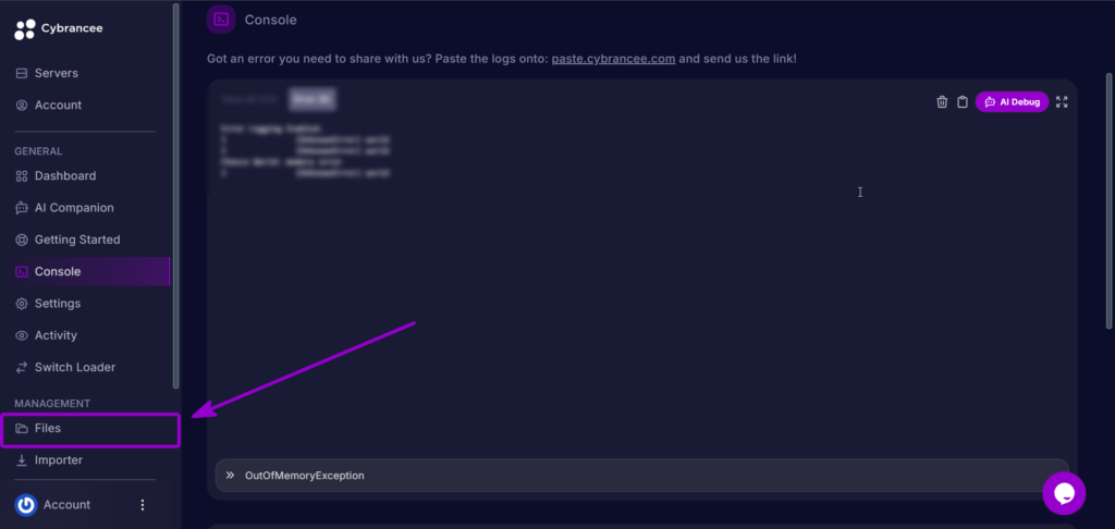 Cybrancee Panel Terraria Navigation Files Tab Outlined With Arrow