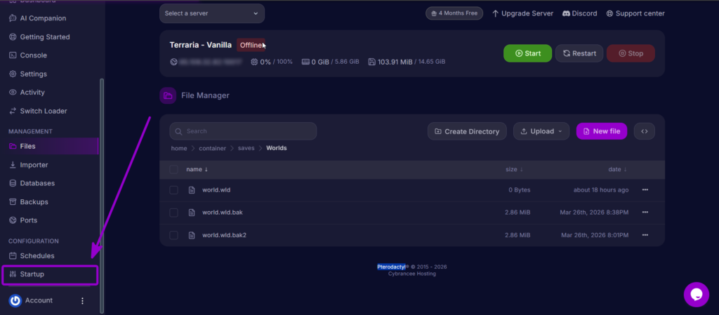 Selecting the Startup tab from the Cybrancee control panel sidebar.