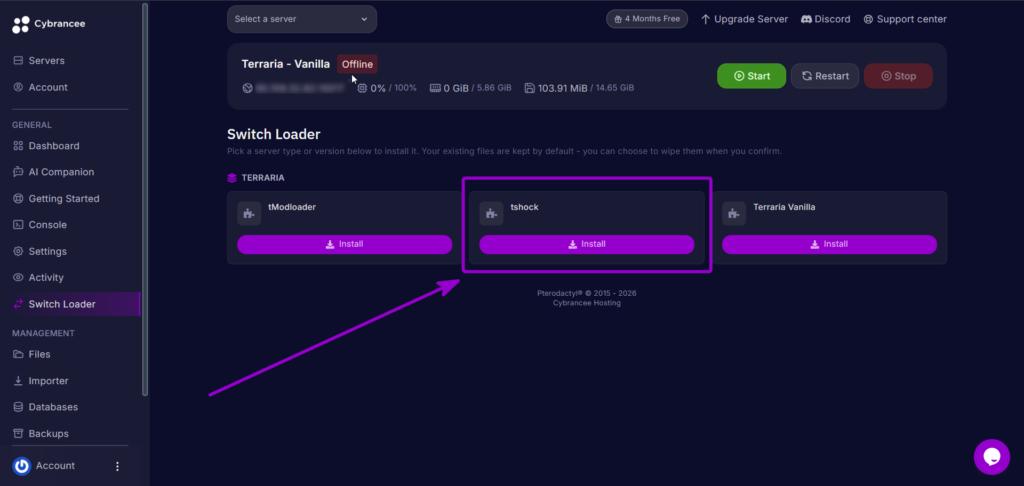 Verifying TShock as the active server engine in the Cybrancee panel.