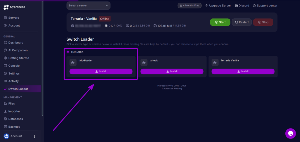 Selecting tModLoader as the active server engine in the Cybrancee panel.