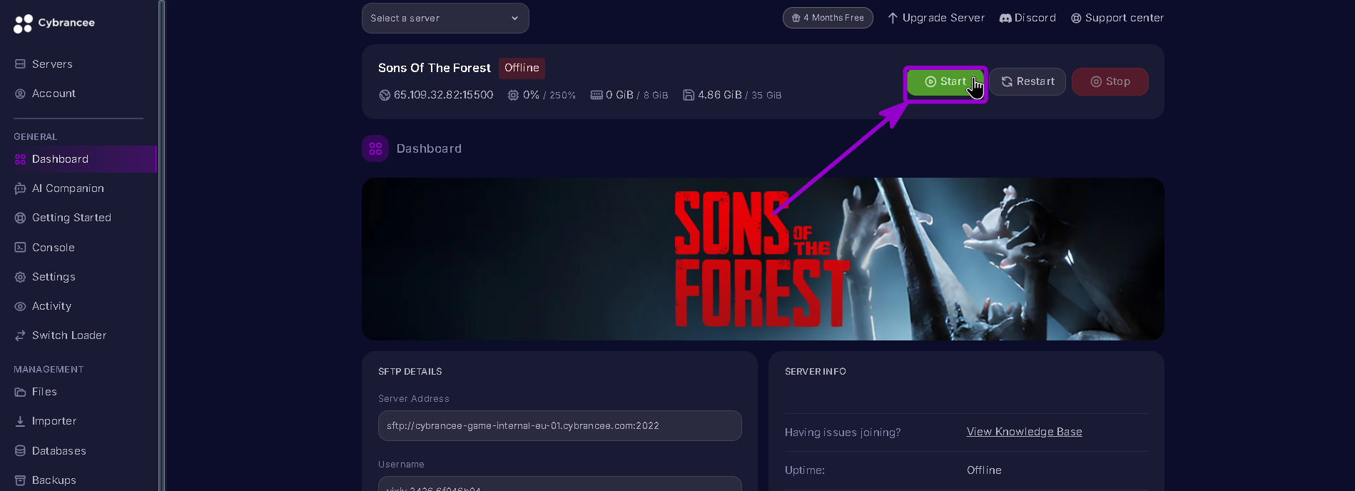 Sons of The Forest dashboard open start highlighted with arrow