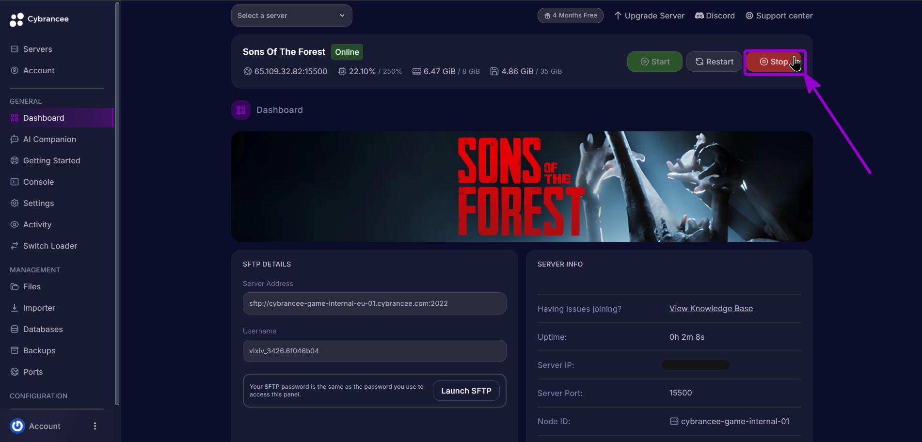 Sons of The Forest dashboard open stop highlighted with arrow