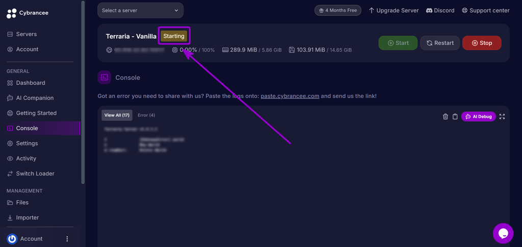 Checking the online server status in the Cybrancee server console.