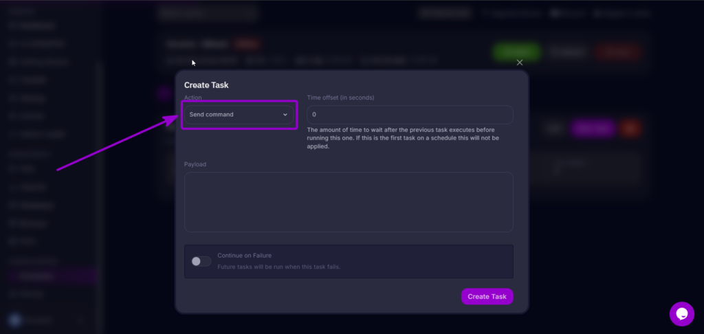Selecting Send Command from the task action drop-down menu.