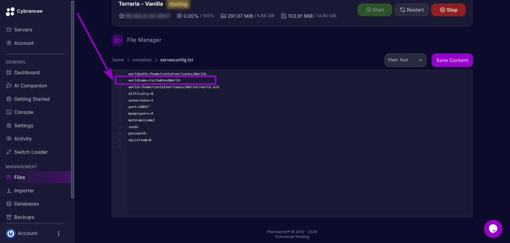 Configuring the worldname parameter in the serverconfig.txt editor.