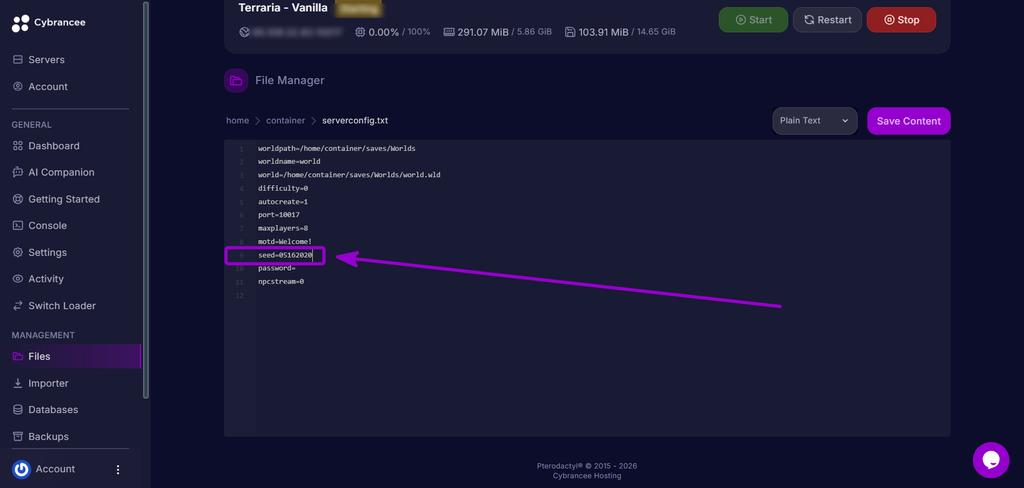 Entering the custom world seed in the serverconfig.txt editor.
