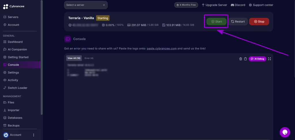 Clicking the Start button on the server console to generate the custom world and start the Terraria server.