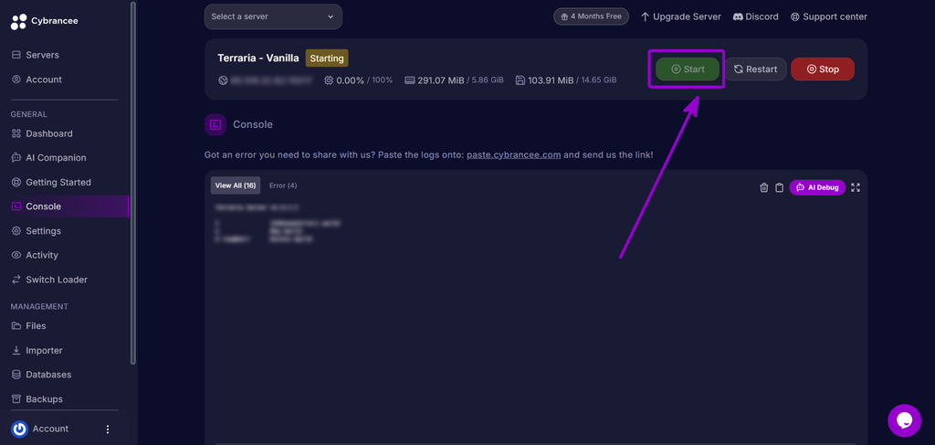 Clicking the Start button on the server console to start the Terraria server.