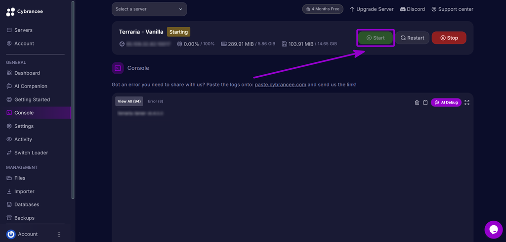 Clicking the Start button on the server console to start the Terraria server.
