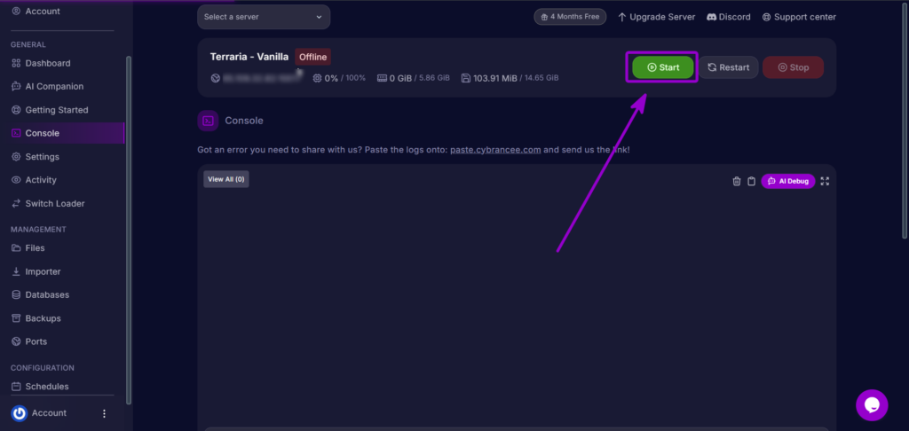 Clicking the Start button on the server console to start the Terraria server.