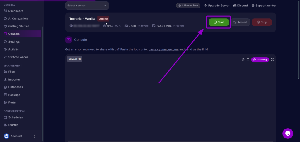 Clicking the Start button on the server console to start the Terraria server.