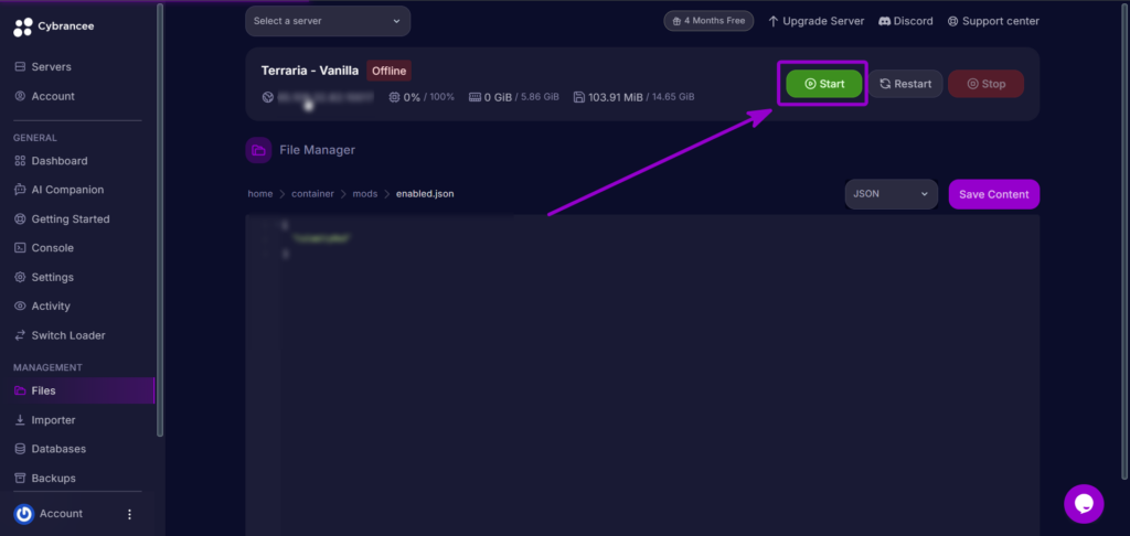 Clicking the Start button on the Cybrancee panel header to start the Terraria server.