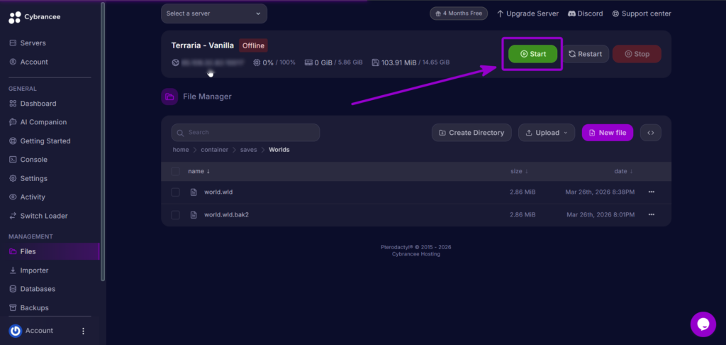 Clicking the Start button in the Cybrancee header to launch the restored Terraria server.