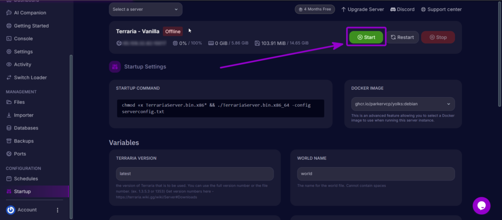 Clicking the Start button in the Cybrancee header to launch the Terraria server.